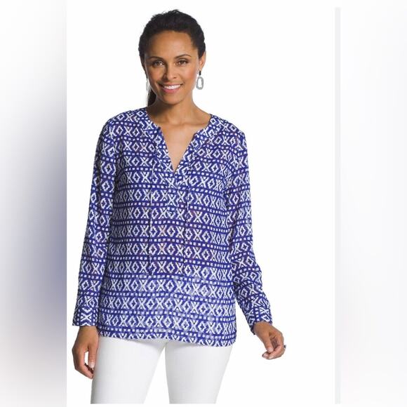 Chico's Blue/White Aztec Ikat peasant Print Tie-Front Blouse Size 0 small - Picture 1 of 8